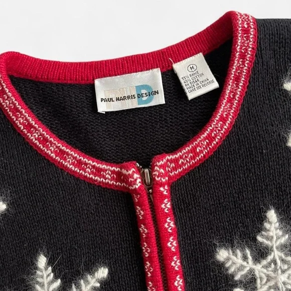 Paul Harris Design Black Knit Red Trim Knit Cardigan  Embroidered Snowflakes M - Picture 3 of 7